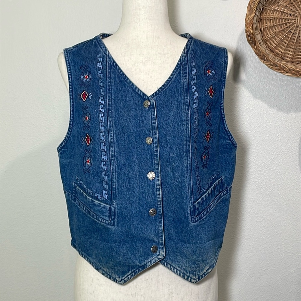 Vintage Embroidered Button Up Denim Vest Red & Blue Ozark Size Medium